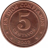 reverse of 5 Centavos (2002) coin with KM# 97 from Nicaragua. Inscription: EN DIOS CONFIAMOS 5 CENTAVOS * * 2002 * *