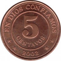 Nicaragua coin 5 Centavos (2002) reverse reverse of 5 Centavos (2002) coin with KM# 97 from Nicaragua. Inscription: EN DIOS CONFIAMOS 5 CENTAVOS * * 2002 * *