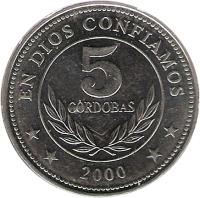 reverse of 5 Córdobas (1997 - 2007) coin with KM# 90 from Nicaragua. Inscription: EN DIOS CONFIAMOS 5 CORDOBAS ** 2000 **
