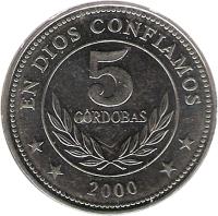 Nicaragua coin 5 Córdobas (1997 - 2007) reverse reverse of 5 Córdobas (1997 - 2007) coin with KM# 90 from Nicaragua. Inscription: EN DIOS CONFIAMOS 5 CORDOBAS ** 2000 **
