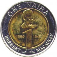 reverse of 1 Naira - Herbert Macaulay 1864 - 1946 (2006) coin with KM# 18 from Nigeria. Inscription: ONE NAIRA 1864 1 1946 HERBERT MACAULAY