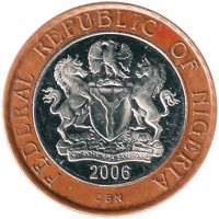 Nigeria coin 2 Naira (2006) obverse obverse of 2 Naira (2006) coin with KM# 19 from Nigeria. Inscription: FEDERAL REPUBLIC OF NIGERIA UNITY AND FAITH, PEACE AND PROGRESS 2006 CBN