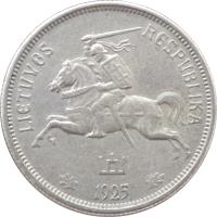 obverse of 5 Litai (1925) coin with KM# 78 from Lithuania. Inscription: LIETUVOS RESPUBLIKA 1925