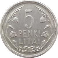 reverse of 5 Litai (1925) coin with KM# 78 from Lithuania. Inscription: 5 PENKI LITAI