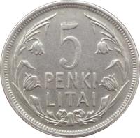 Lithuania coin 5 Litai (1925) reverse reverse of 5 Litai (1925) coin with KM# 78 from Lithuania. Inscription: 5 PENKI LITAI