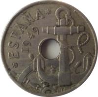 obverse of 50 Centimos - Anchor Arrows up (1949 - 1963) coin with KM# 777 from Spain. Inscription: 19 ESPAÑA 1949