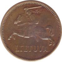 obverse of 2 Centai (1936) coin with KM# 80 from Lithuania. Inscription: LIETUVA