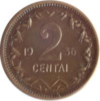reverse of 2 Centai (1936) coin with KM# 80 from Lithuania. Inscription: 19 2 36 CENTAI