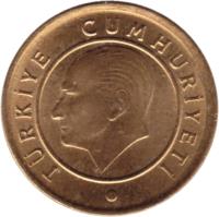 obverse of 1 Kuruş (2009 - 2017) coin with KM# 1239 from Turkey. Inscription: TÜRKİYE CUMHURİYETİ