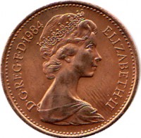 obverse of 1 Penny - Elizabeth II - 2'nd Portrait (1982 - 1984) coin with KM# 927 from United Kingdom. Inscription: D · G · REG · F · D · 1984 ELIZABETH · II