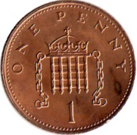 reverse of 1 Penny - Elizabeth II - 2'nd Portrait (1982 - 1984) coin with KM# 927 from United Kingdom. Inscription: ONE PENNY 1