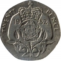 reverse of 20 Pence - Elizabeth II - 2'nd Portrait (1982 - 1984) coin with KM# 931 from United Kingdom. Inscription: TWENTY PENCE 19 82 20