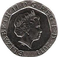 United Kingdom coin 20 Pence - Elizabeth II - 4'th Portrait (2008 - 2015) obverse obverse of 20 Pence - Elizabeth II - 4'th Portrait (2008 - 2015) coin with KM# 1111 from United Kingdom. Inscription: ELIZABETH · II · D · G · REG · F · D · 2008 IRB