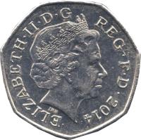 obverse of 50 Pence - Elizabeth II - 4'th Portrait (2008 - 2015) coin with KM# 1112 from United Kingdom. Inscription: ELIZABETH · II · D · G REG · F · D · 2008 IRB
