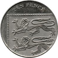 United Kingdom coin 10 Pence - Elizabeth II - Non magnetic; 4'th Portrait (2008 - 2011) reverse reverse of 10 Pence - Elizabeth II - Non magnetic; 4'th Portrait (2008 - 2011) coin with KM# 1110 from United Kingdom. Inscription: TEN PENCE