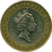 United Kingdom coin 2 Pounds - Elizabeth II - 3'rd Portrait (1997) obverse obverse of 2 Pounds - Elizabeth II - 3'rd Portrait (1997) coin with KM# 976 from United Kingdom. Inscription: ELIZABETH · II · DEI · GRATIA · REGINA · F · D + RDM