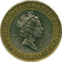 obverse of 2 Pounds - Elizabeth II - 3'rd Portrait (1997) coin with KM# 976 from United Kingdom. Inscription: ELIZABETH · II · DEI · GRATIA · REGINA · F · D + RDM