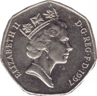 obverse of 50 Pence - Elizabeth II - Smaller; 3'rd Portrait (1997) coin with KM# 940.2 from United Kingdom. Inscription: ELIZABETH II D · G · REG · F · D · 1997 RDM