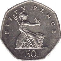 United Kingdom coin 50 Pence - Elizabeth II - Smaller; 3'rd Portrait (1997) reverse reverse of 50 Pence - Elizabeth II - Smaller; 3'rd Portrait (1997) coin with KM# 940.2 from United Kingdom. Inscription: FIFTY PENCE 50