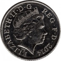 obverse of 10 Pence - Elizabeth II - Magnetic; 4'th Portrait (2011 - 2015) coin with KM# 1110d from United Kingdom. Inscription: ELIZABETH · II · D · G REG · F · D · 2011 IRB