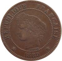 obverse of 2 Centimes (1877 - 1897) coin with KM# 827 from France. Inscription: RÉPUBLIQUE FRANÇAISE OUDINÉ 1895