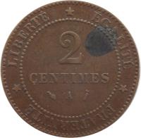 reverse of 2 Centimes (1877 - 1897) coin with KM# 827 from France. Inscription: LIBERTÉ ÉGALITÉ FRATERNITÉ 2 CENTIMES A