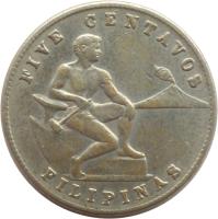 reverse of 5 Centavos - U.S. Administration (1944 - 1945) coin with KM# 180a from Philippines. Inscription: FIVE CENTAVOS FILIPINAS