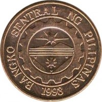 Philippines coin 1 Sentimo (1995 - 2011) obverse obverse of 1 Sentimo (1995 - 2011) coin with KM# 273 from Philippines. Inscription: BANGKO SENTRAL NG POLIPINAS 1993