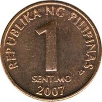 reverse of 1 Sentimo (1995 - 2011) coin with KM# 273 from Philippines. Inscription: REPUBLIKA NG PILIPINAS 1 SENTIMO 2007