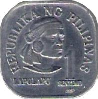 Philippines coin 1 Sentimo (1979 - 1982) reverse reverse of 1 Sentimo (1979 - 1982) coin with KM# 224 from Philippines. Inscription: REPUBLIKA NG PILIPINAS LAPULAPU 1 SENTIMO