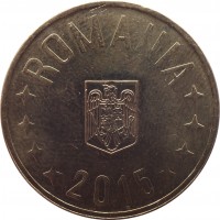 obverse of 50 Bani (2005 - 2015) coin with KM# 192 from Romania. Inscription: ROMANIA 2015