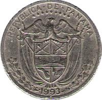 obverse of 1/10 Balboa (1966 - 1993) coin with KM# 10 from Panama. Inscription: REPVBLICA DE PANAMA 1993