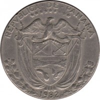 obverse of 1/2 Balboa (1973 - 1993) coin with KM# 12b from Panama. Inscription: REPVBLICA DE PANAMA 1982