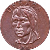 obverse of 1 Centésimo (1991 - 1993) coin with KM# 124 from Panama. Inscription: URRACA 1991