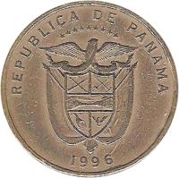 obverse of 5 Centésimos (1996) coin with KM# 126 from Panama. Inscription: REPUBLICA DE PANAMA 1996