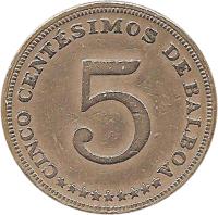 reverse of 5 Centésimos (1996) coin with KM# 126 from Panama. Inscription: CINCO CENTÉSIMOS DE BALBOA 5