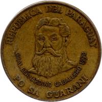 obverse of 500 Guaraníes (1998 - 2005) coin with KM# 195 from Paraguay. Inscription: REPUBLICA DEL PARAGUAY GRAL. BERNARDINO CABALLERO 1998 PO SA GUARANI