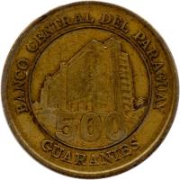 reverse of 500 Guaraníes (1998 - 2005) coin with KM# 195 from Paraguay. Inscription: BANCO CENTRAL DEL PARAGUAY 500 GUARANIES