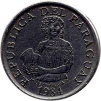 obverse of 5 Guaraníes - FAO (1978 - 1986) coin with KM# 166 from Paraguay. Inscription: REPUBLICA DEL PARAGUAY MUJER PARAGUAYA 1984