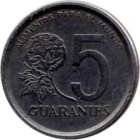 reverse of 5 Guaraníes - FAO (1978 - 1986) coin with KM# 166 from Paraguay. Inscription: ALIMENTOS PARA EL MUNDO 5 GUARANIES