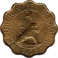 obverse of 25 Céntimos (1953) coin with KM# 27 from Paraguay. Inscription: REPUBLICA DEL PARAGUAY PAZ Y JUSTICIA 1953