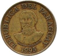 obverse of 100 Guaraníes (1993 - 2005) coin with KM# 177a from Paraguay. Inscription: GENERAL JOSE.E.DIAZ REPUBLICA DEL PARAGUAY