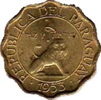 Paraguay coin 10 Céntimos (1953) obverse obverse of 10 Céntimos (1953) coin with KM# 25 from Paraguay. Inscription: REPUBLICA DEL PARAGUAY PAZ Y JUSTICIA 1953