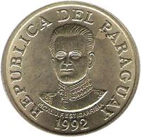 obverse of 50 Guaraníes (1992) coin with KM# 191 from Paraguay. Inscription: REPUBLICA DEL PARAGUAY 1992