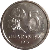 reverse of 5 Guaraníes (1975) coin with KM# 152 from Paraguay. Inscription: 5 GUARANIES 1975