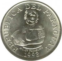 obverse of 5 Guaraníes - FAO (1992) coin with KM# 166a from Paraguay. Inscription: REPUBLICA DEL PARAGUAY MUJER PARAGUAYA 1992