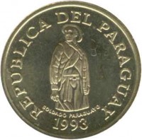 obverse of 1 Guaraní - FAO (1993) coin with KM# 192 from Paraguay. Inscription: REPUBLICA DEL PARAGUAY SOLDADO PARAGUAYO 1993