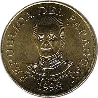 obverse of 50 Guaraníes (1995 - 2005) coin with KM# 191a from Paraguay. Inscription: REPUBLICA DEL PARAGUAY 1995 MARISCAL JOSÉ FÉLIX ESTIGARRIBIA
