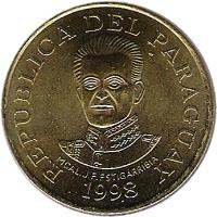 Paraguay coin 50 Guaraníes (1995 - 2005) obverse obverse of 50 Guaraníes (1995 - 2005) coin with KM# 191a from Paraguay. Inscription: REPUBLICA DEL PARAGUAY 1995 MARISCAL JOSÉ FÉLIX ESTIGARRIBIA