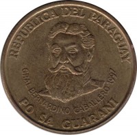 obverse of 500 Guaraníes - Denomination above building (1997) coin with KM# 194 from Paraguay. Inscription: REPUBLICA DEL PARAGUAY GRAL BERNARDINO CABALLERO 1997 PO SA GUARANI